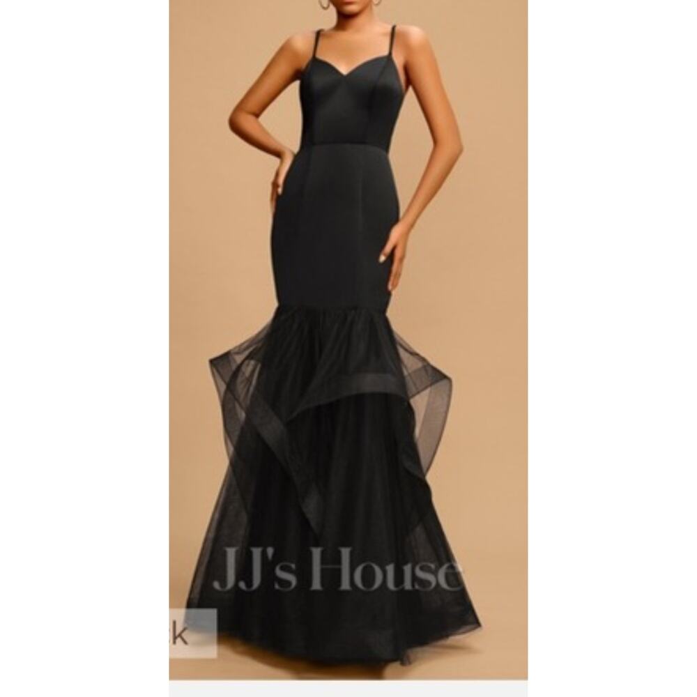 JJ's House black satin mermaid layered tulle dress Size 14 Prom Whimsigoth Retro